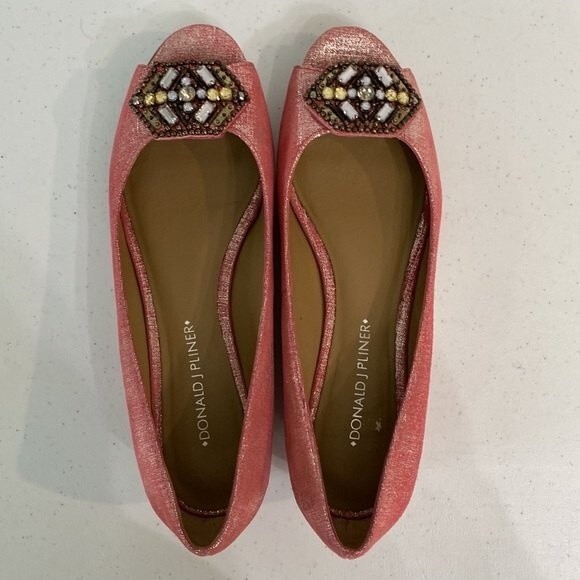 Donald J Pliner Pink Sonnet Demi-Wedge Flats Jeweled Peep Toe Shimmer Barbiecore - Picture 5 of 16